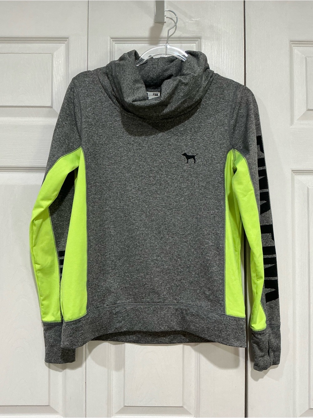 💙 Victoria’s Secret PINK Funnel Neck Gray Neon Green Pullover XS (01620)